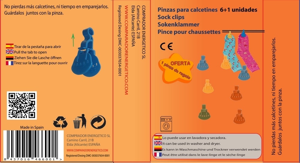 Presentación caja de pinzas para calcetines.